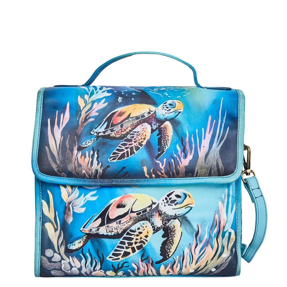 Leather Hand Painted Top Handle Handbag Purse With Turtle Artwork, Crossbody Bag